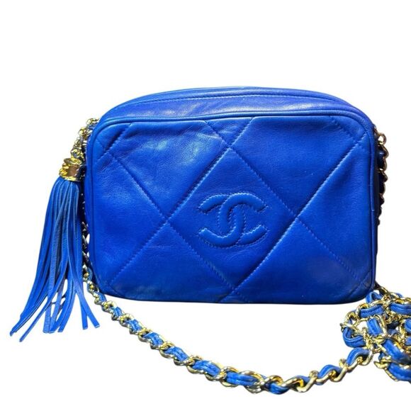CHANEL Quilted Tassel CC Camera Bag Case Blue Lambskin Auth 1980s Crossbody - Picture 2 of 16